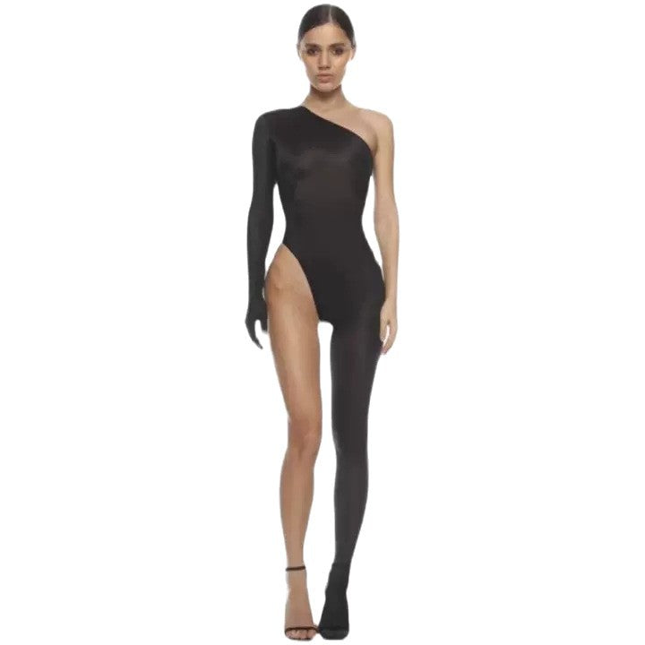 One-shoulder slimming jumpsuit with leg-revealing design, shown in a full-length product view