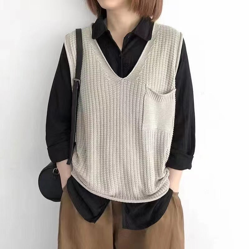 Simple V-neck artistic knit vest in a textured design, front view