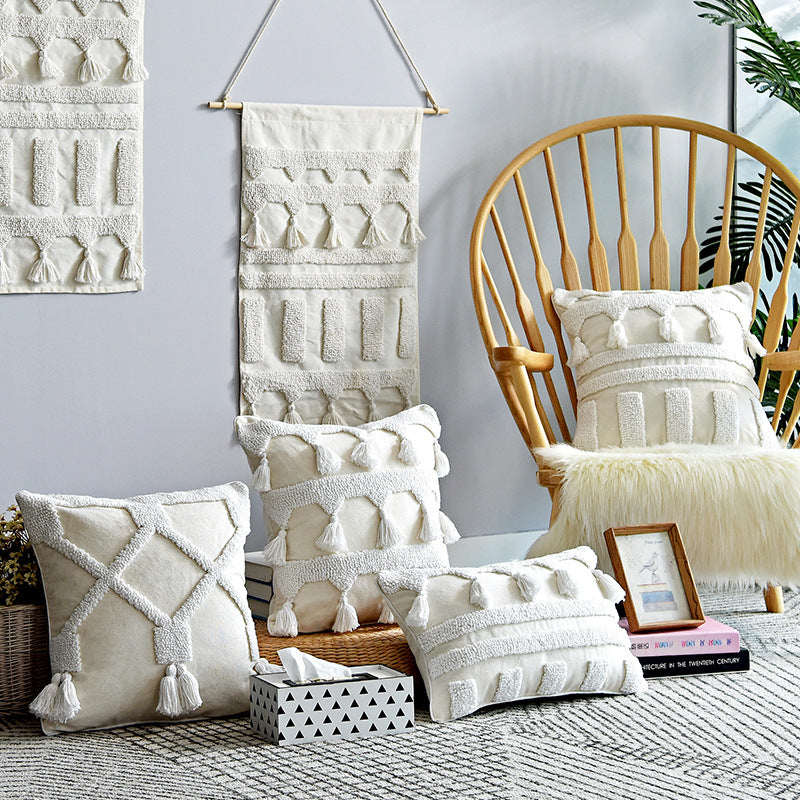 Nordic Moroccan tufted throw pillow with simple textured pillowcase