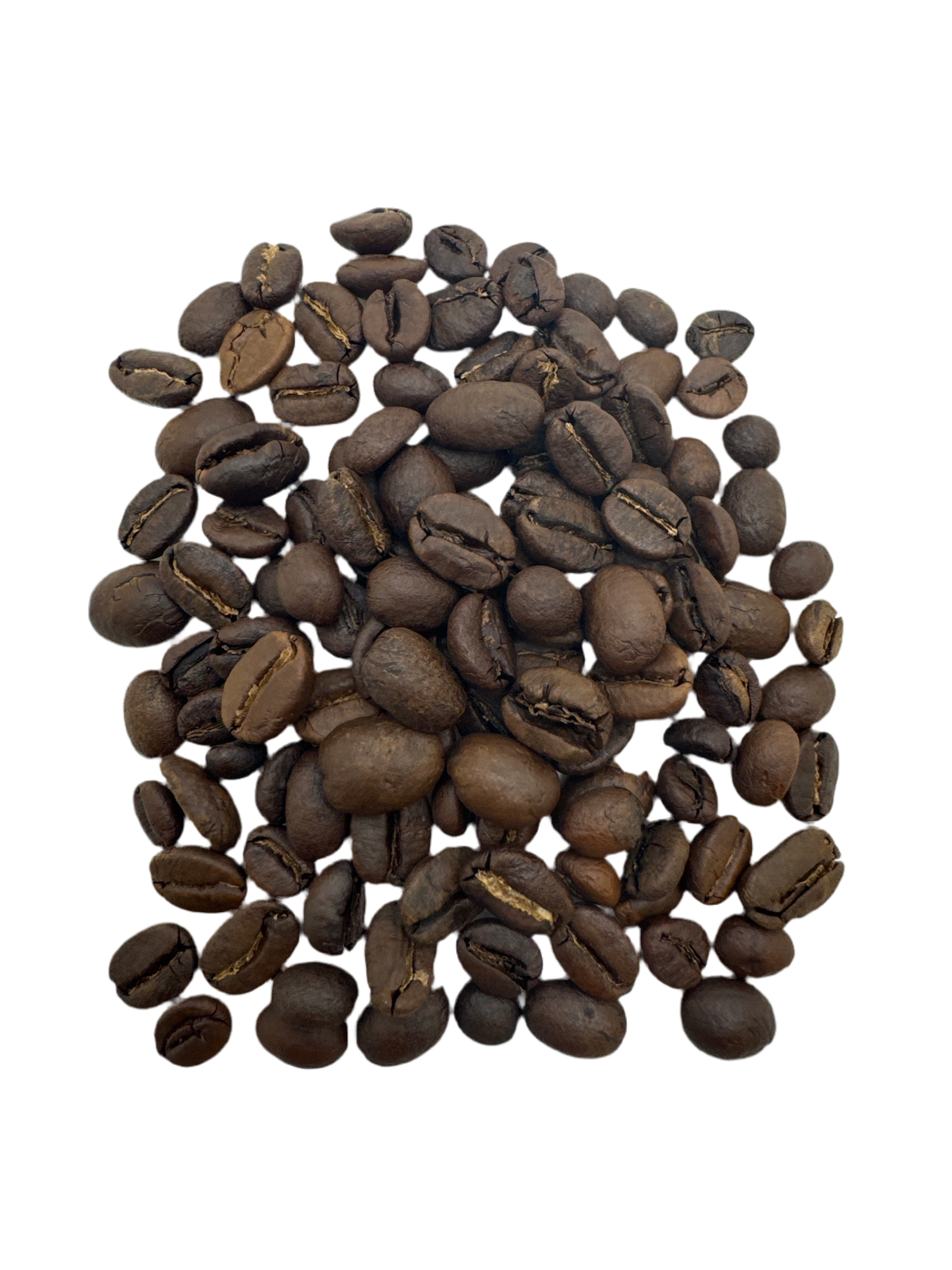 Roasted coffee beans from Good Brothers Coffee LLC's Liquid Amber Espresso Blend in a clear glass jar.