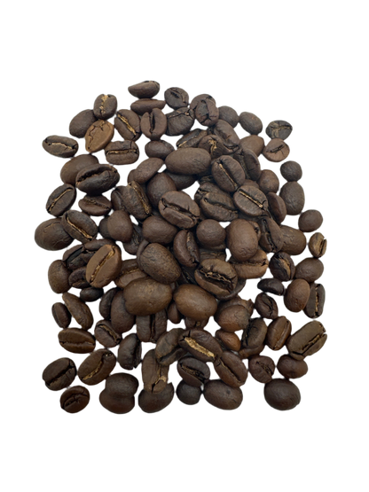Roasted coffee beans from Good Brothers Coffee LLC's Liquid Amber Espresso Blend in a clear glass jar.