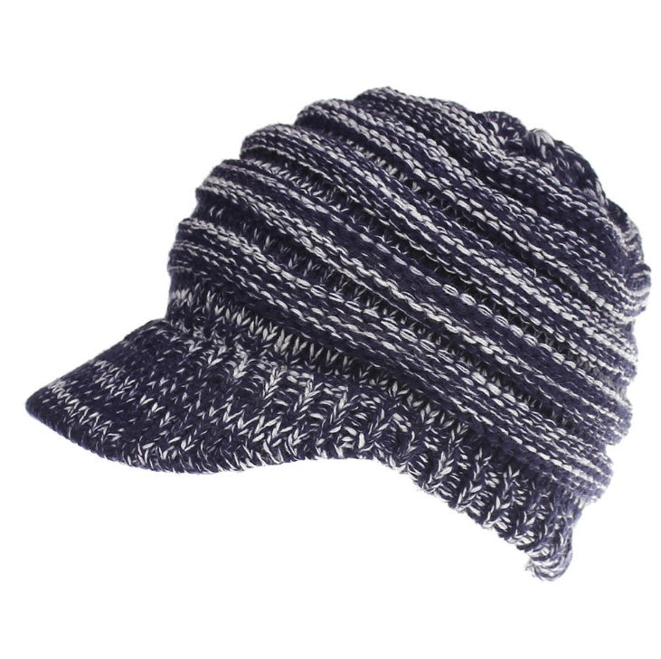 Women's soft knitted ponytail beanie, warm autumn winter hat with opening for a ponytail, pink and gray stripes