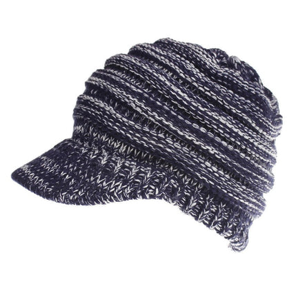 Women's soft knitted ponytail beanie, warm autumn winter hat with opening for a ponytail, pink and gray stripes