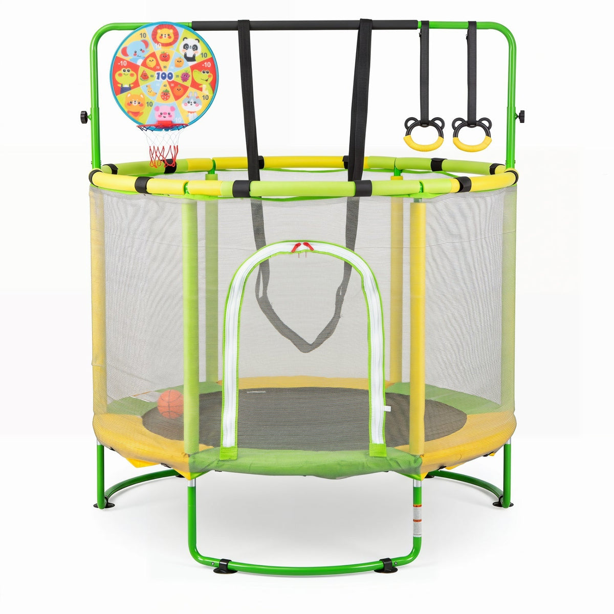 55-inch kids trampoline with adjustable gymnastics bar and hoop, featuring a safety net and colorful padded edges.