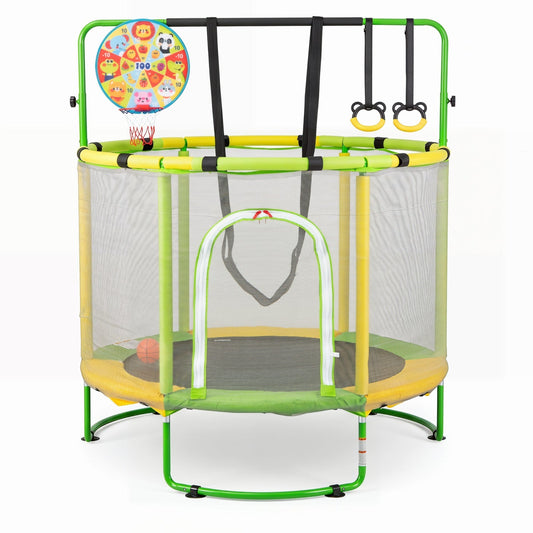 55-inch kids trampoline with adjustable gymnastics bar and hoop, featuring a safety net and colorful padded edges.