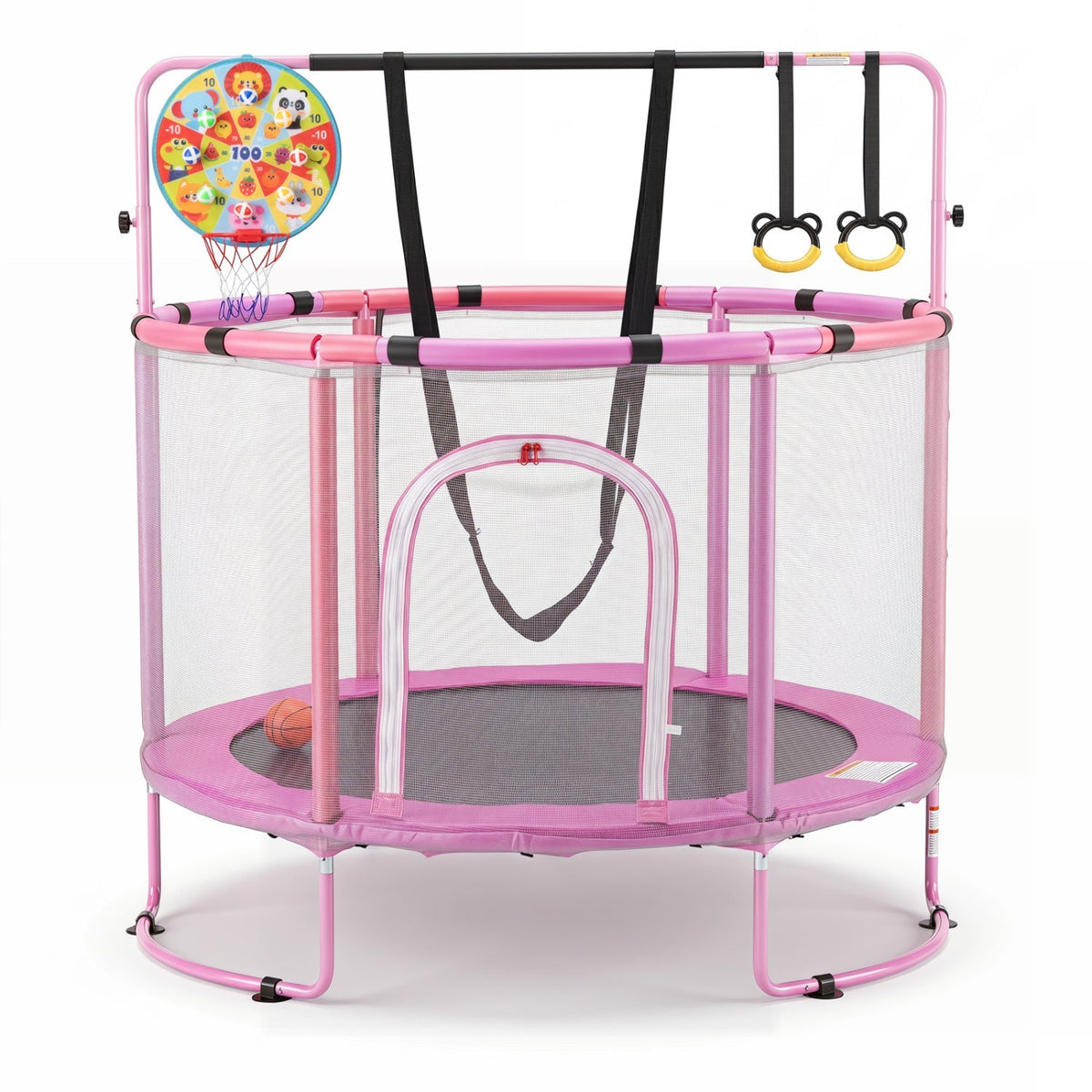55-inch kids trampoline with adjustable gymnastics bar and hoop, featuring colorful safety padding and sturdy frame for active play.