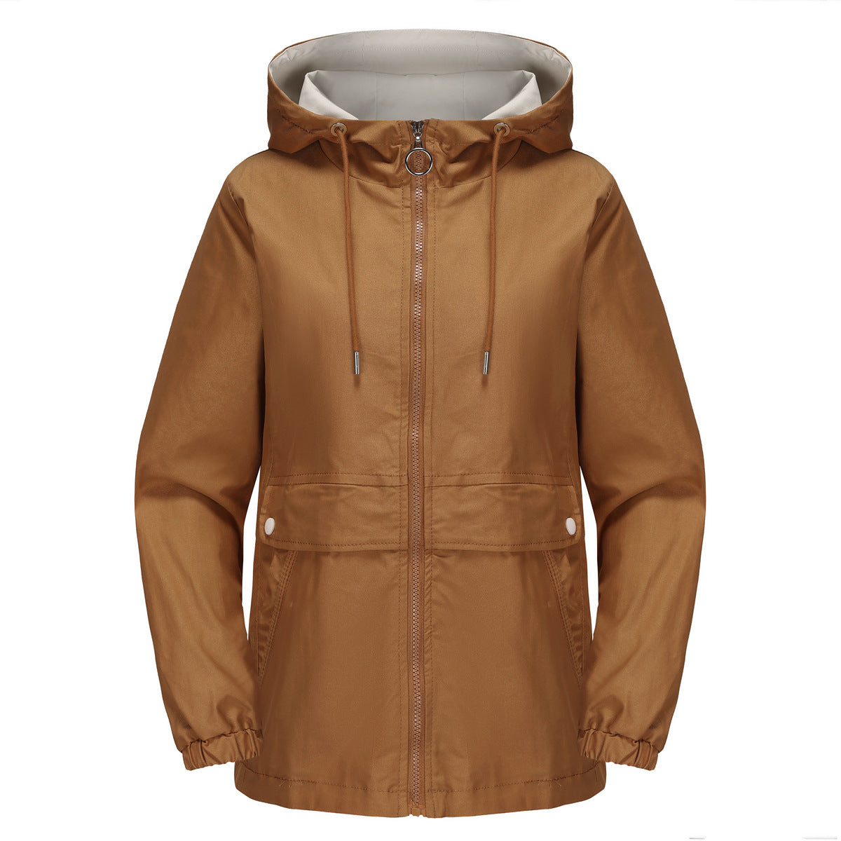 Hooded solid color trench coat for women with long sleeves and a structured silhouette