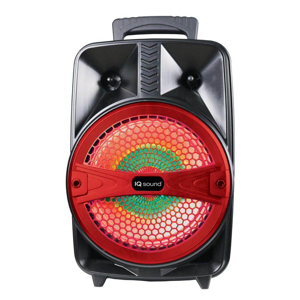 Supersonic IQ Sound 8-inch portable Bluetooth speaker showing black speaker with control buttons and Bluetooth logo on front