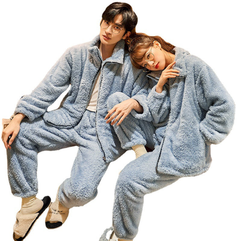 Couples thickened flannel thermal zipper suit, plush matching sleepwear set by My Store