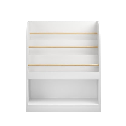 Kids bookshelf from GBruno Store with three-tier front-facing display and toy storage, featuring colorful shelves and playful design.