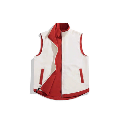 Color-block reversible vest jacket in a two-tone design, front view
