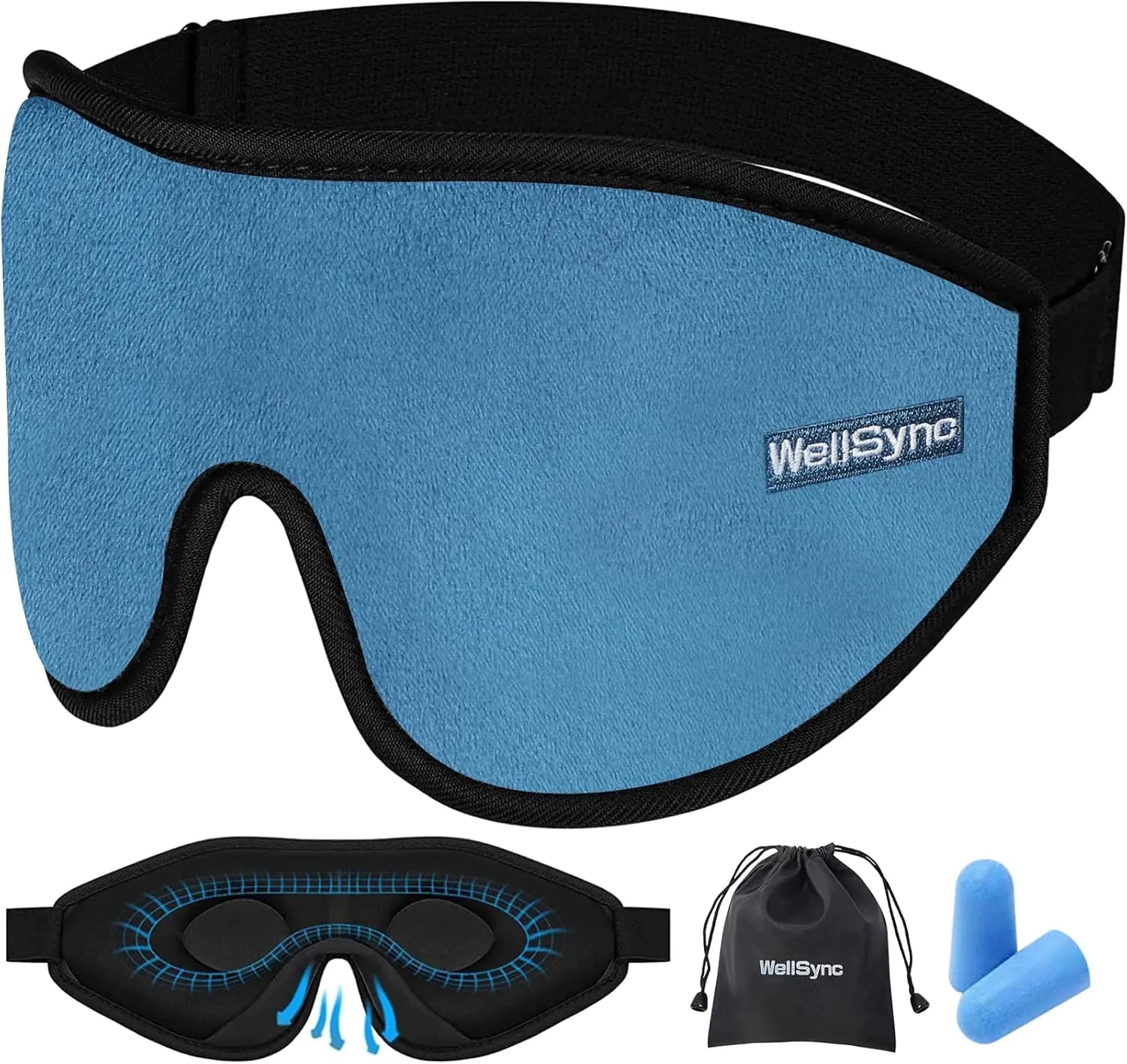 WellSync Sleep Eye Mask for Men WomenZero Pressure 3D Blackout Eye Mask for SleepingEye Covers with Adjustable StrapSoft Breathable Travel Sleep Mask for AirplaneIncludes Ear Plugs(Blue)