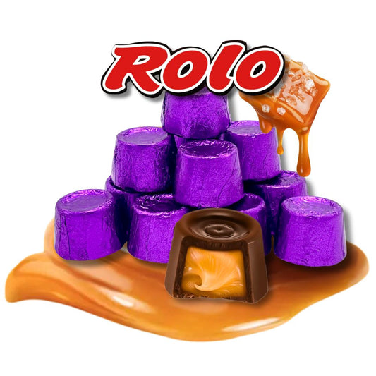 Rolo salted caramel dark chocolate candies in bulk bag, showing individual chocolates with caramel filling and chocolate coating.
