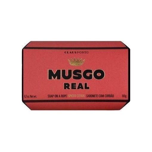 Musgo Real Spiced Citrus Bar Soap on a Rope by Pasteur Pharmacy, 6.7oz, with textured soap and decorative rope.