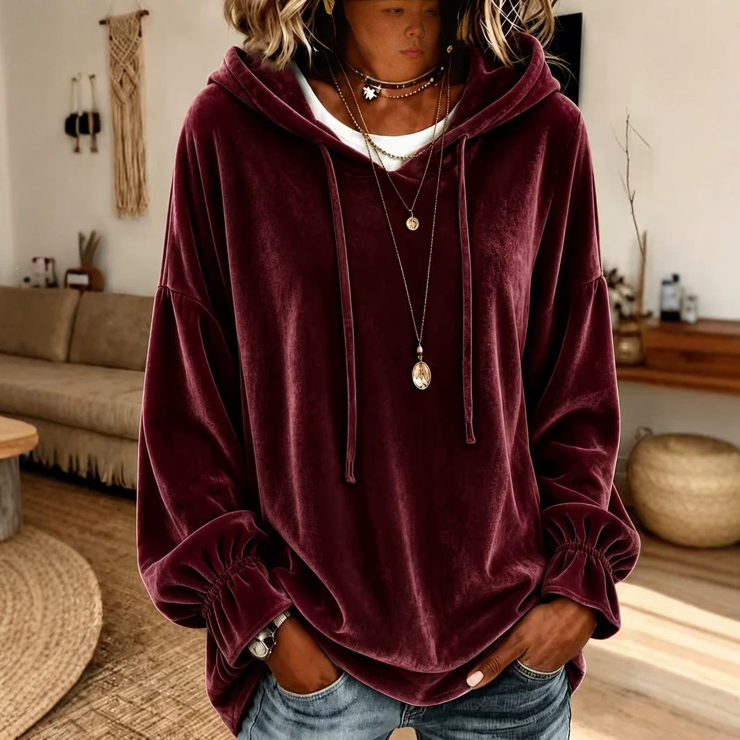 Women's hooded velvet sweater with loose fit and drawstring, autumn and winter clothing in European-American style