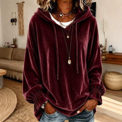 Women's hooded velvet sweater with loose fit and drawstring, autumn and winter clothing in European-American style