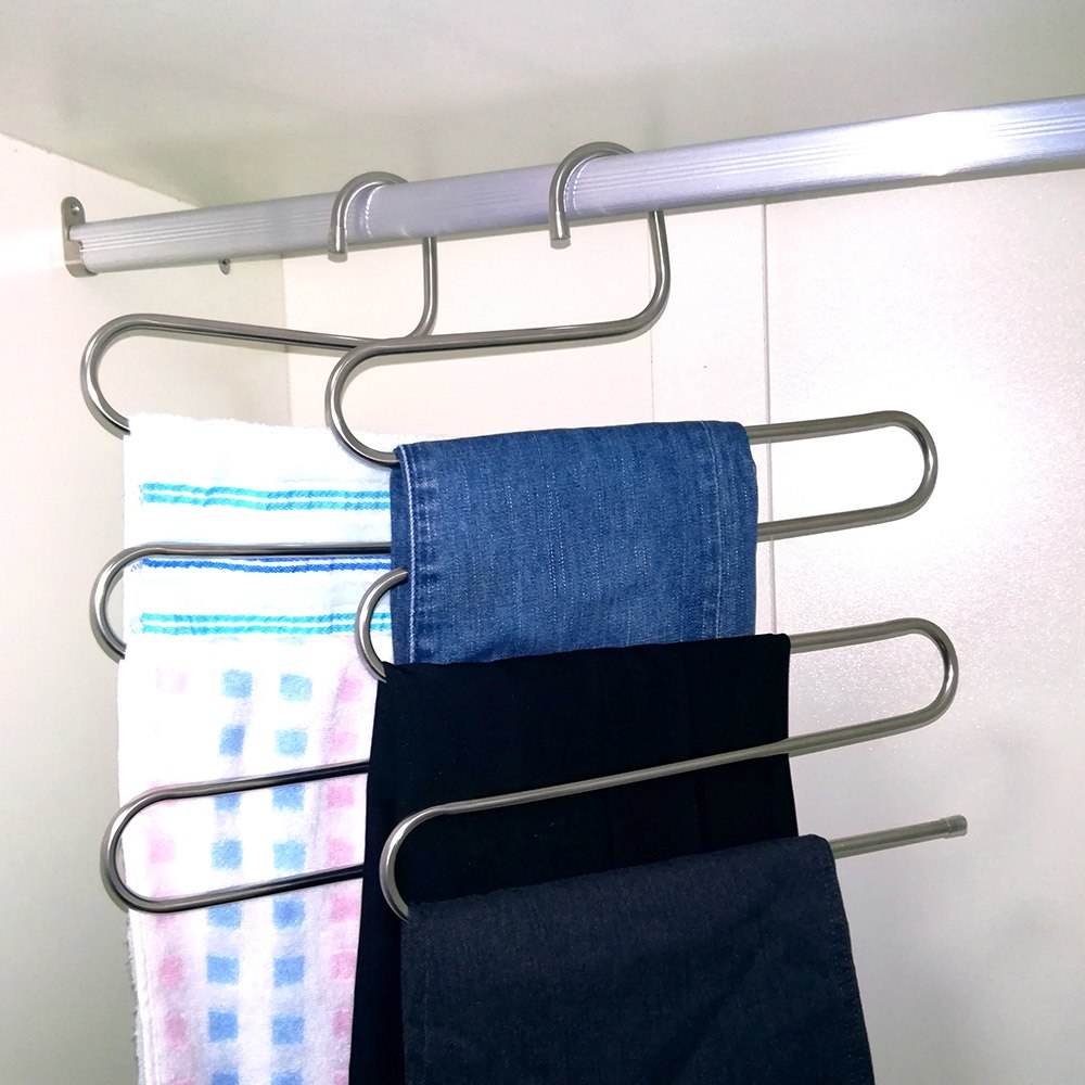 Magic non-slip S-type home pants rack in metal finish for organizing trousers and clothing