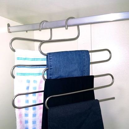 Magic non-slip S-type home pants rack in metal finish for organizing trousers and clothing