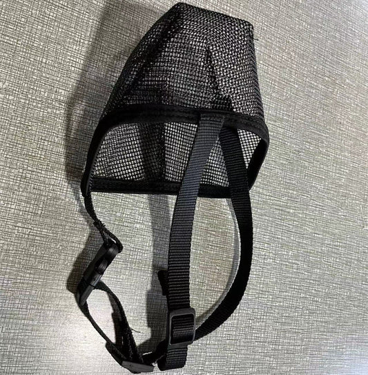 Fashion pet dog mouth cover mask in black fabric with adjustable straps, shown on a dog’s snout