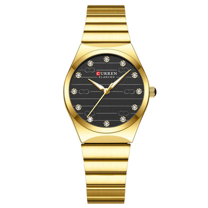 Women’s small-dial mesh strap waterproof watch with a sleek round face and metal band