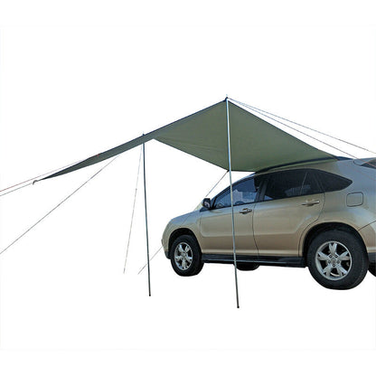 Car side awning extended beside a vehicle, showing the compact shelter canopy and support poles