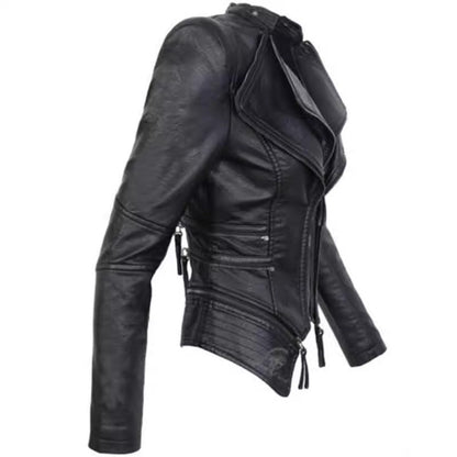 PU leather zippered patchwork jacket coat with contrasting panels and long sleeves