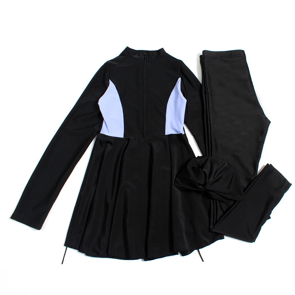 Women's three-piece conservative Muslim swimsuit, modest full-coverage swimwear set in black and blue