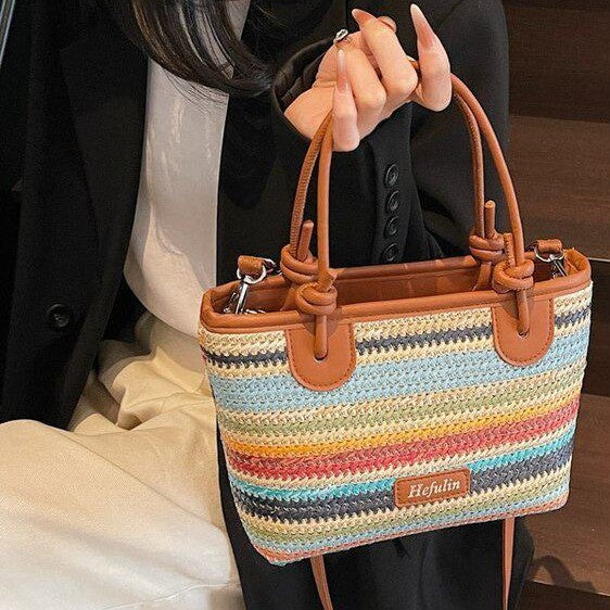 Summer vacation beach-style straw tote and crossbody bag with woven texture and adjustable strap