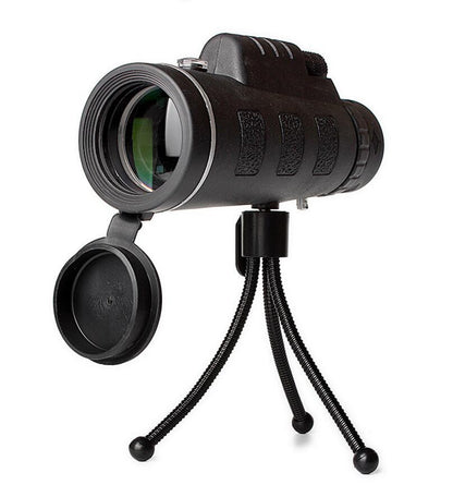 Apple-compatible monocular telescope zoom scope with compass, phone clip, and tripod