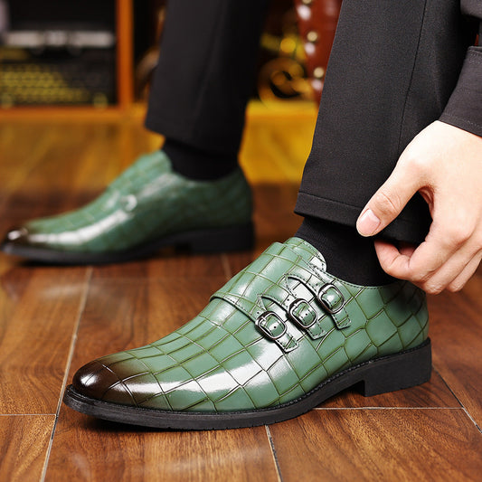 Men's casual pointed-toe buckled leather work utility shoes with a polished finish, by My Store