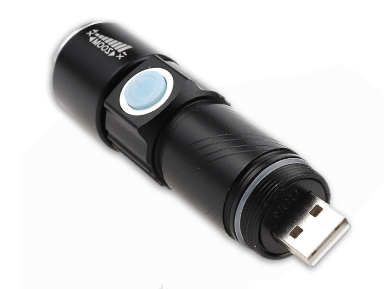 Mini waterproof rechargeable LED flashlight with USB charging, compact black design