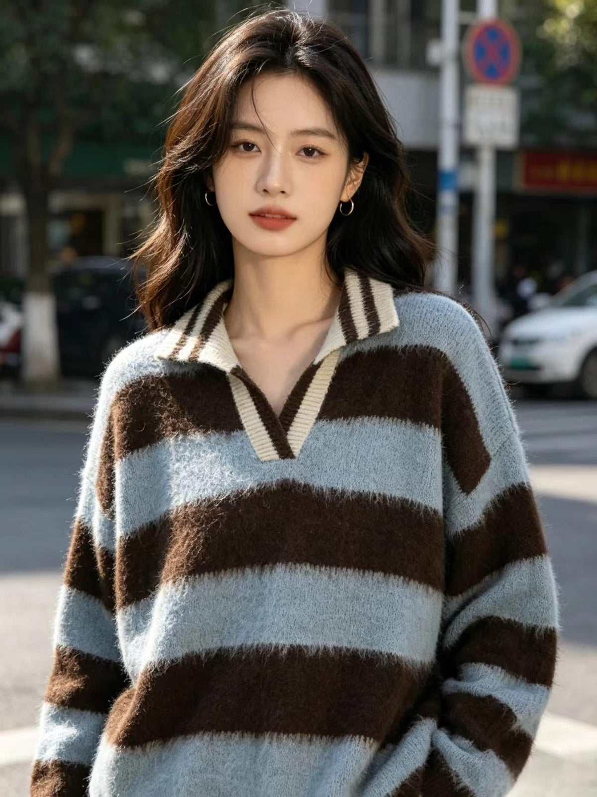 Women's retro color-block striped off-shoulder pullover sweater with lapel collar