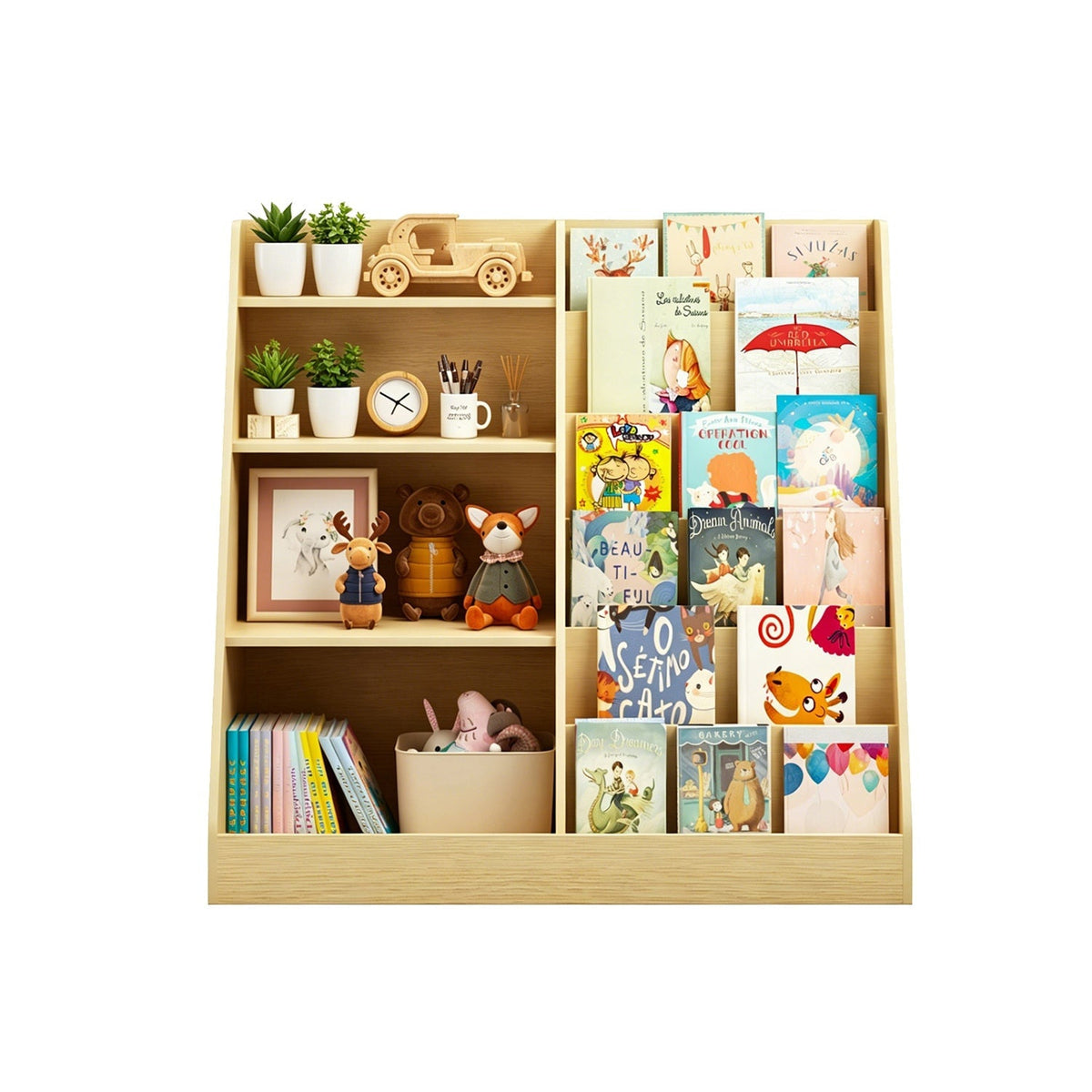 Kids bookshelf with toy storage organizer by GBruno Store, 34.65 inches tall, multi-tier wooden bookcase with compartments for kids' books and toys.