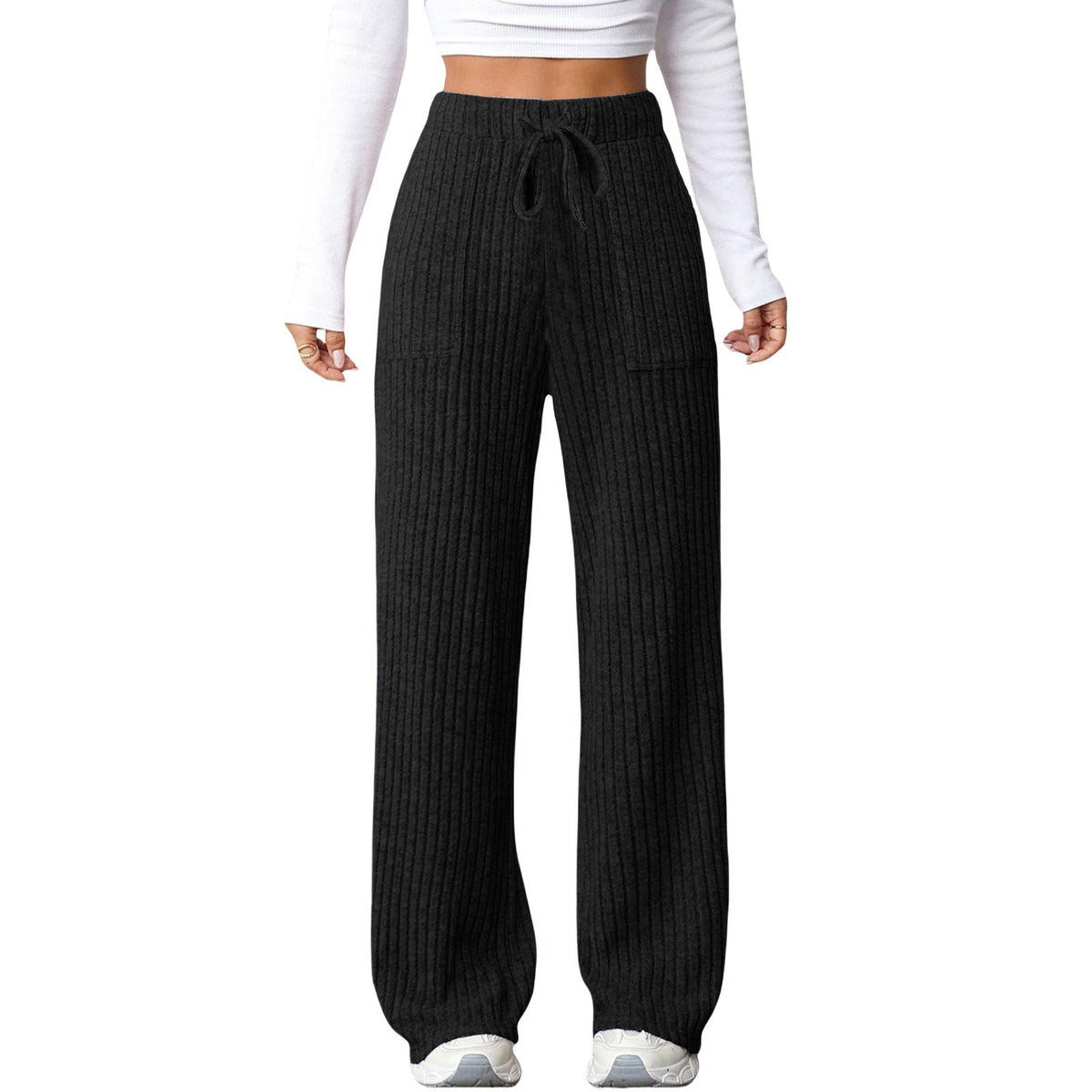 Women's solid-color ribbed pocket casual pants in a relaxed fit