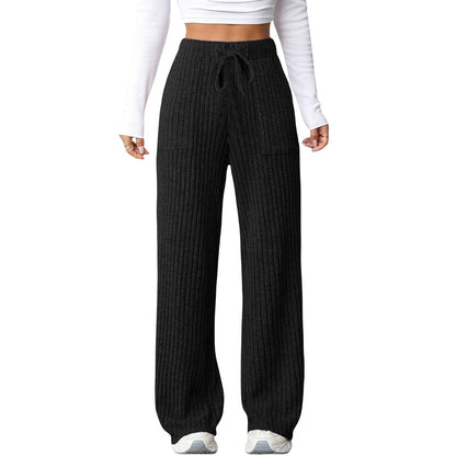 Women's solid-color ribbed pocket casual pants in a relaxed fit