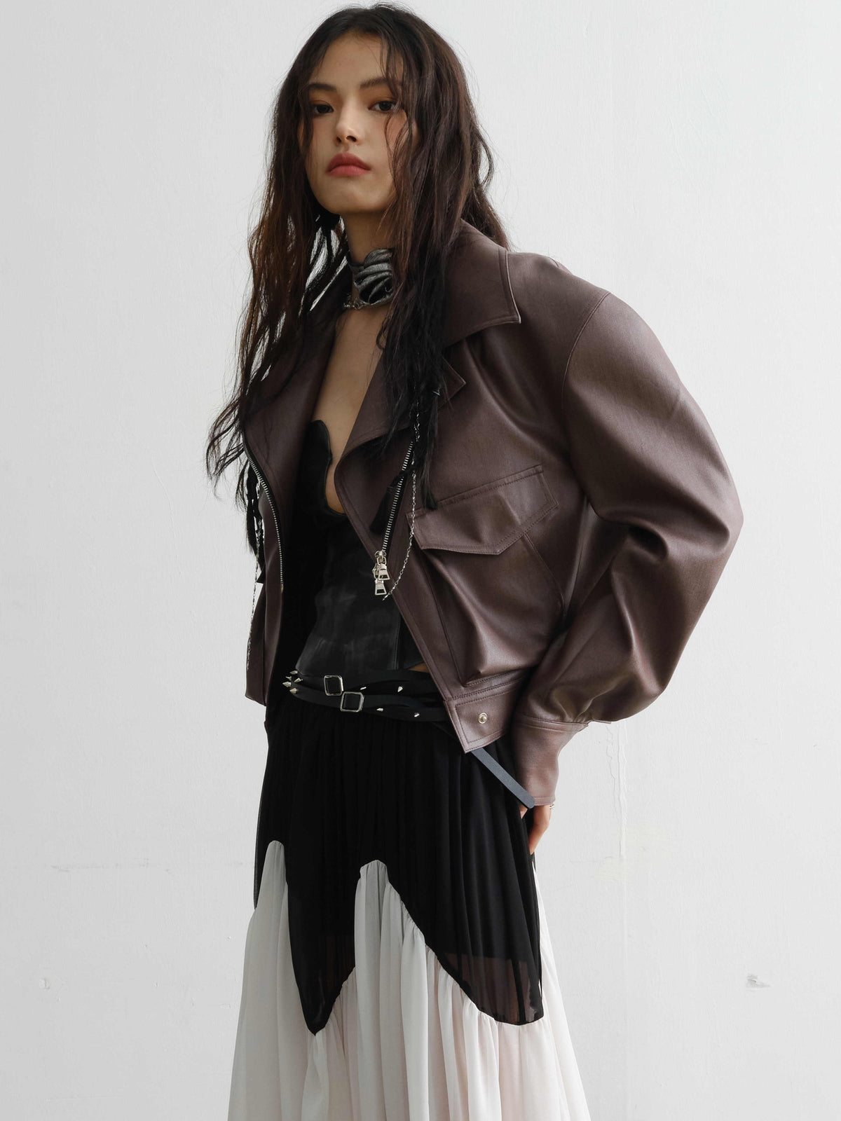 Handsome loose PU leather jacket coat in a classic design, front view