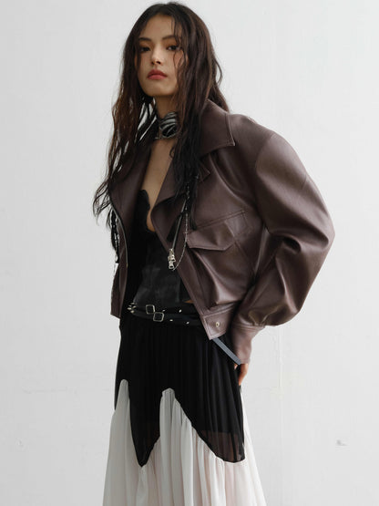 Handsome loose PU leather jacket coat in a classic design, front view