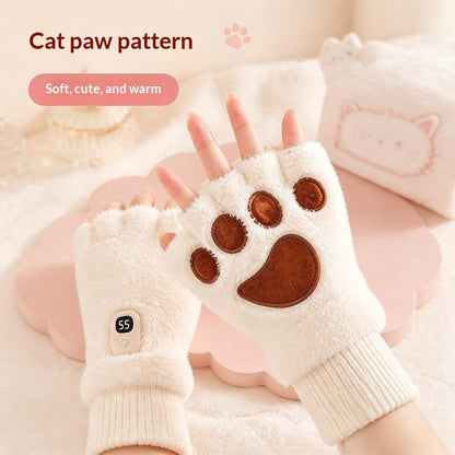 Cat-paw heated fingered hand warmer gloves in soft pink with paw print details