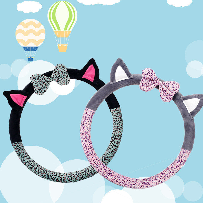 Cute cat ear short plush steering wheel cover in soft fabric, front view