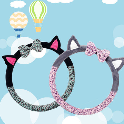 Cute cat ear short plush steering wheel cover in soft fabric, front view
