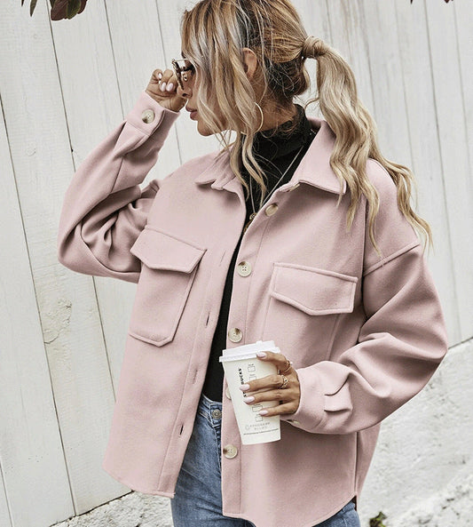 Women’s winter woolen coat, loose short jacket with lapel collar and single-breasted front in solid color