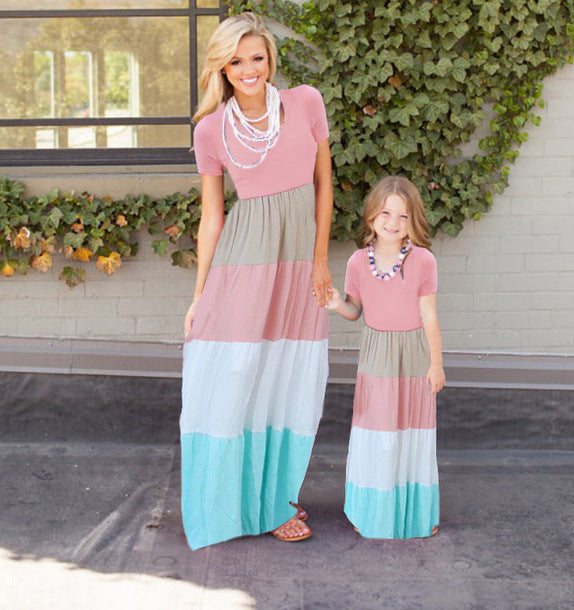 Short-sleeved large striped stitching women's parent-child dress in a coordinated matching design