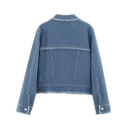 Long-sleeve lapel-collar cotton denim jacket in versatile blue style
