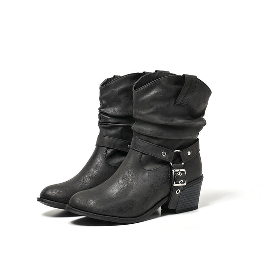 Loose-fitting studded-strap mid-calf boots with chunky heels and slimming round toe by My Store