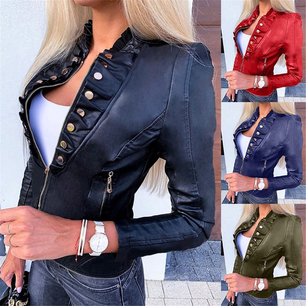Slim PU winter leather motorcycle jacket in black with zip front and fitted design