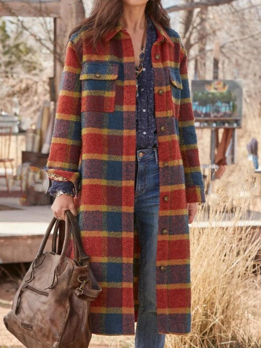 Women's red loose linen trench coat, beltless design by My Store