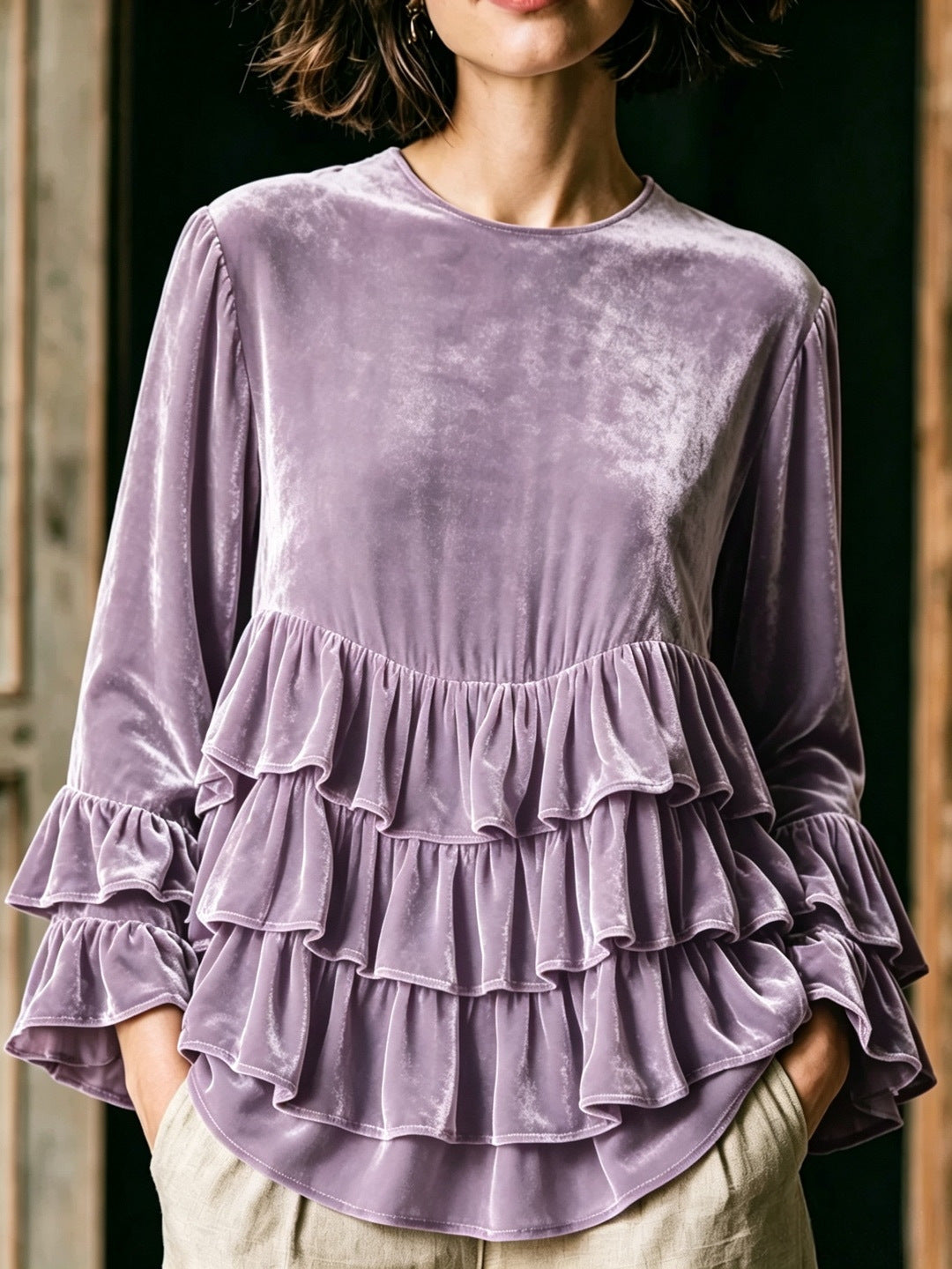 Women's long-sleeve solid-color crew-neck loose-fit top with ruffle trim