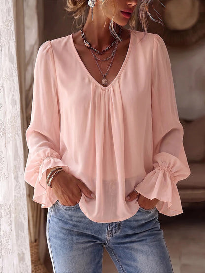 Women's solid-color V-neck pleated long-sleeve shirt by My Store