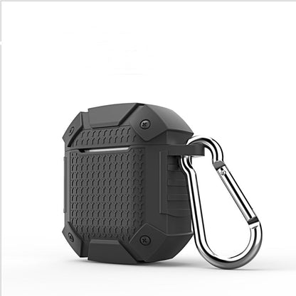 Black headphone box package exterior with printed product graphics