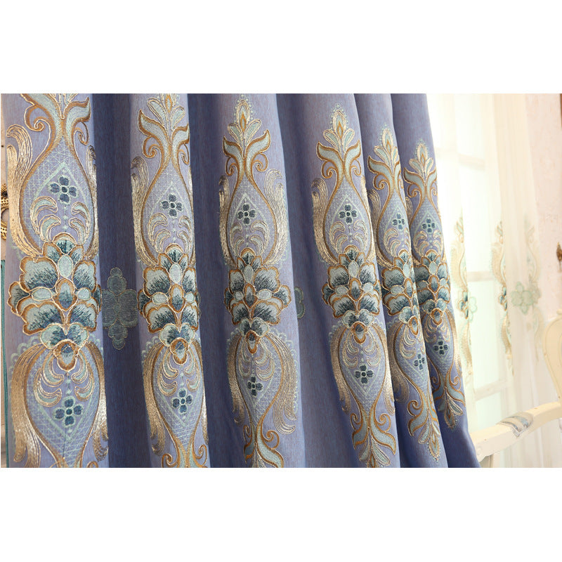 Slub cotton embroidery curtain fabric in textured woven cotton with decorative stitched pattern